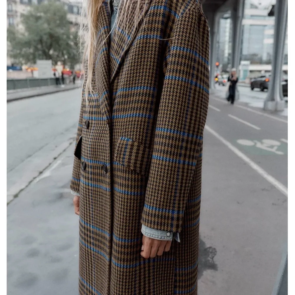 Zara Oversized Plaid Blue and Brown Check Coat - Picture 6 of 7